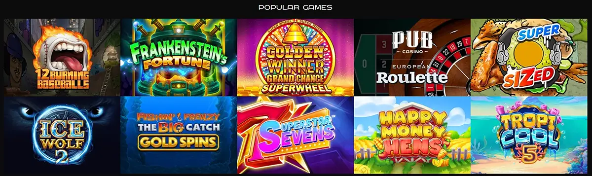 Slot game lobby showing popular titles including Book of Dead, Big Bass Bonanza and Starburst