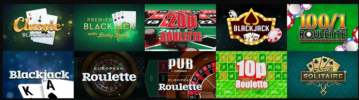 RNG table games selection showing European Blackjack, American Roulette and video poker variants