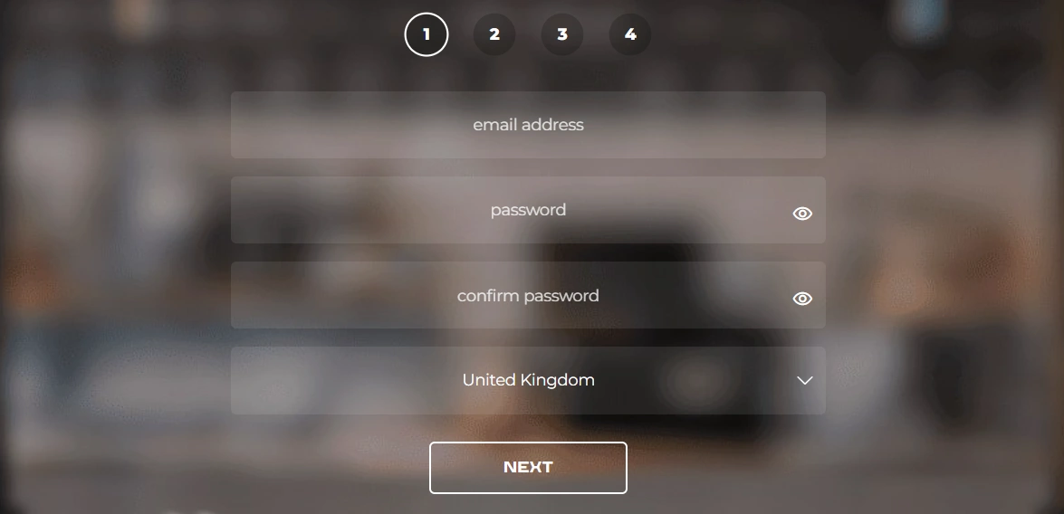 Step-by-step registration form showing email, password and personal details fields
