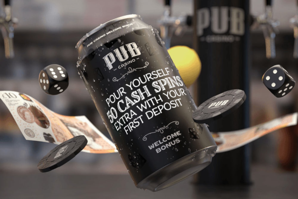 Pub Casino branded pint glass with welcome bonus